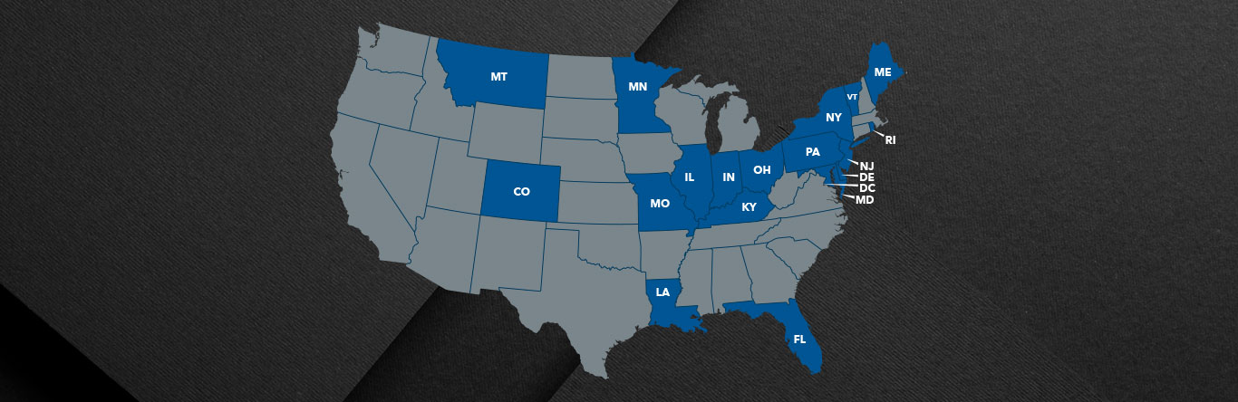 map of U.S. displaying states TRG operates in